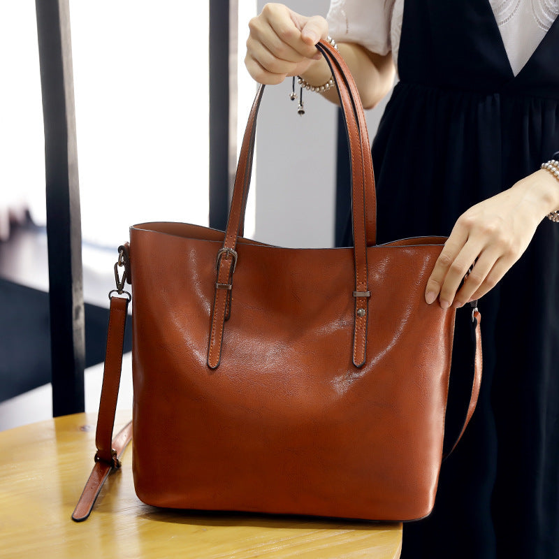 ChicLeather - Waxed Leather Shoulder Tote Bag, Versatile Design