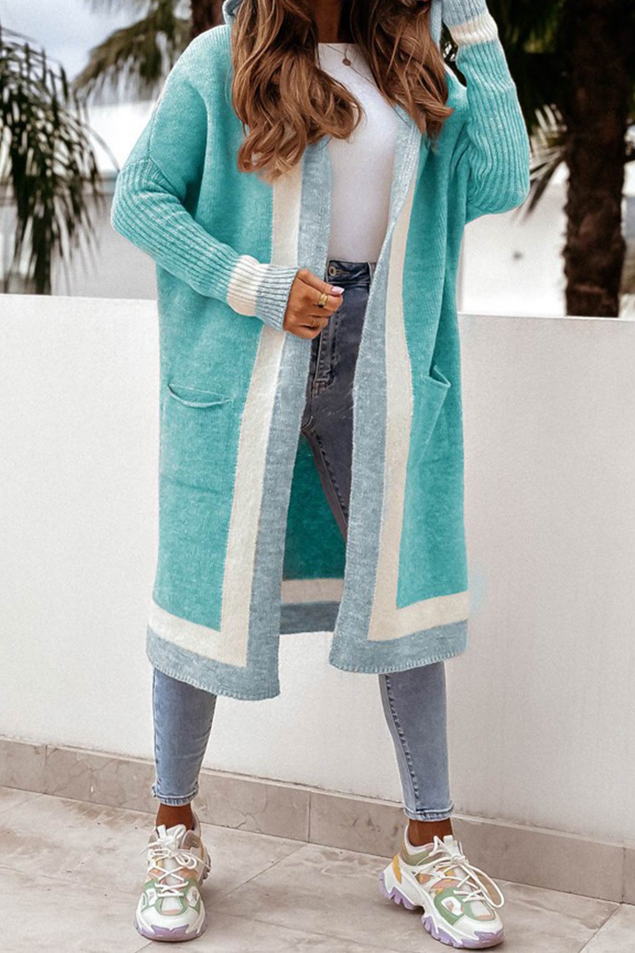 Autumn Chic - Long hooded cardigan with contrasting design