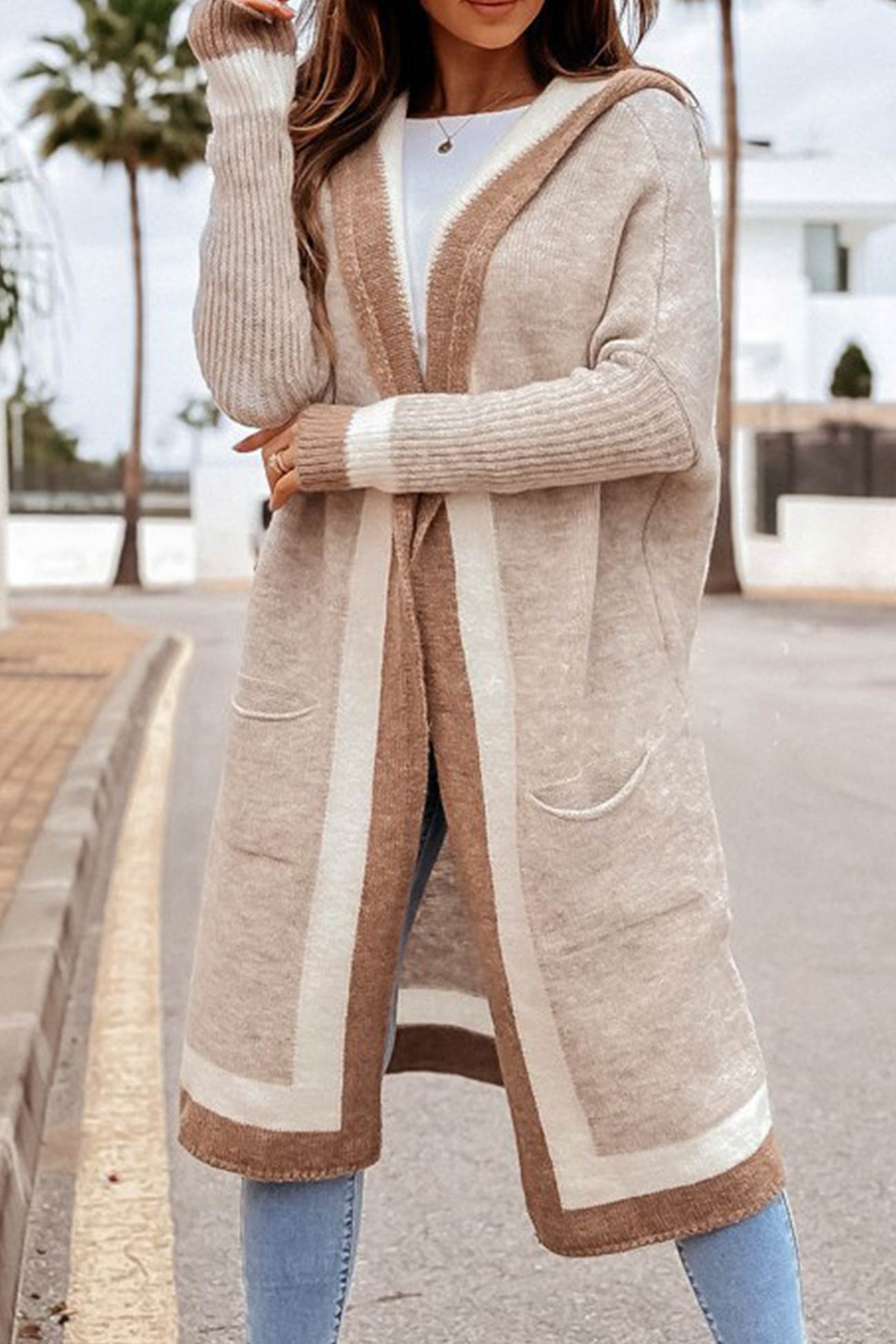 Autumn Chic - Long hooded cardigan with contrasting design